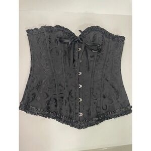 Black Jacquard Brocade Corset Bustier Ruffle Lace Up Front Boned Women's Size M